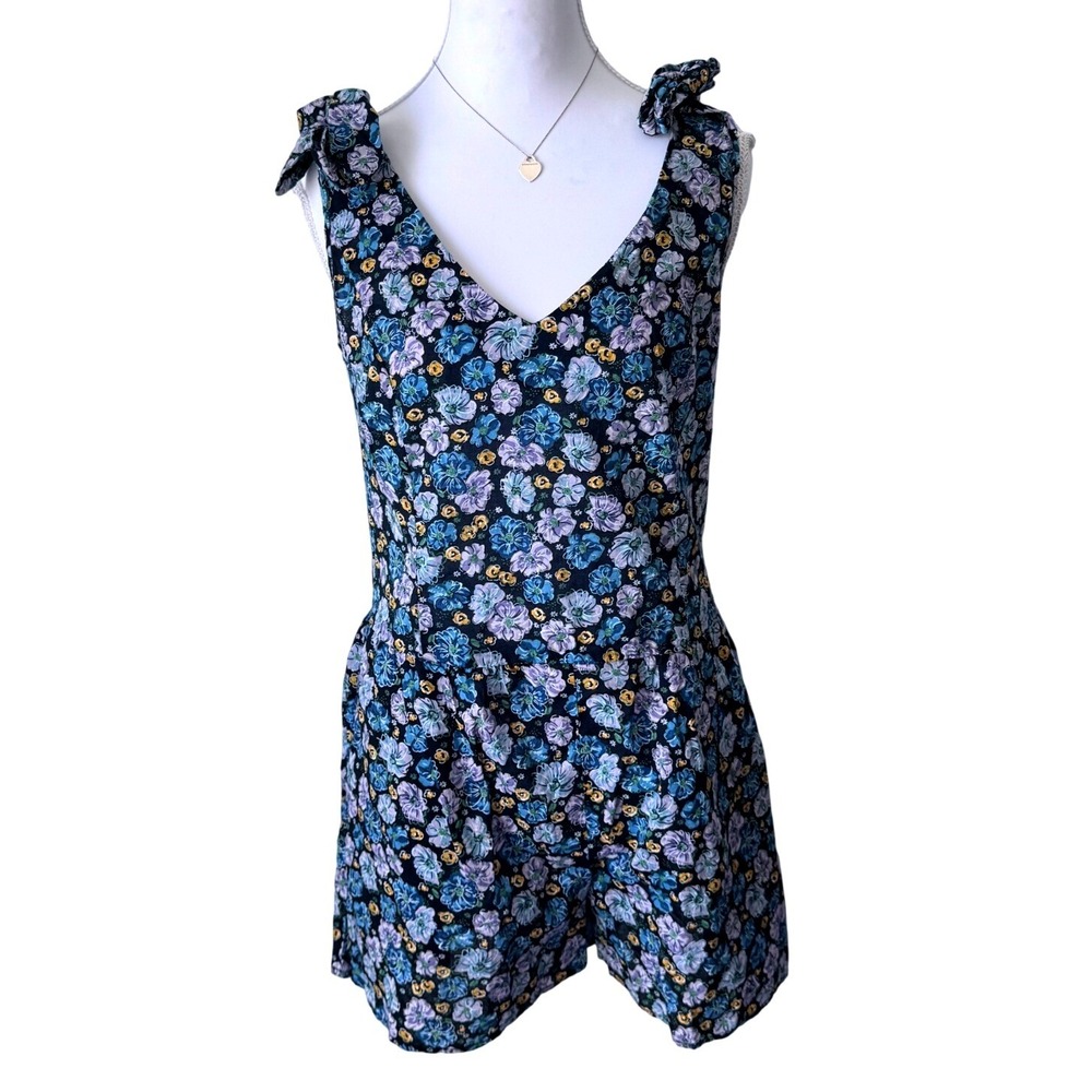 Miley Cyrus Max Azria Floral Romper Tie Shoulder Blue Combo Boho Large NWT